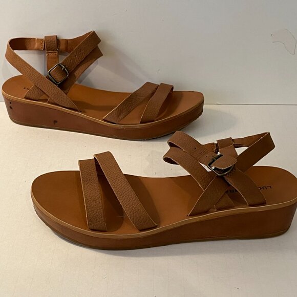 LUCKY BRAND Brown Leather "Hecilia" Ankle Strap Wedge Sandals Women's Size 8.5M - Picture 1 of 12
